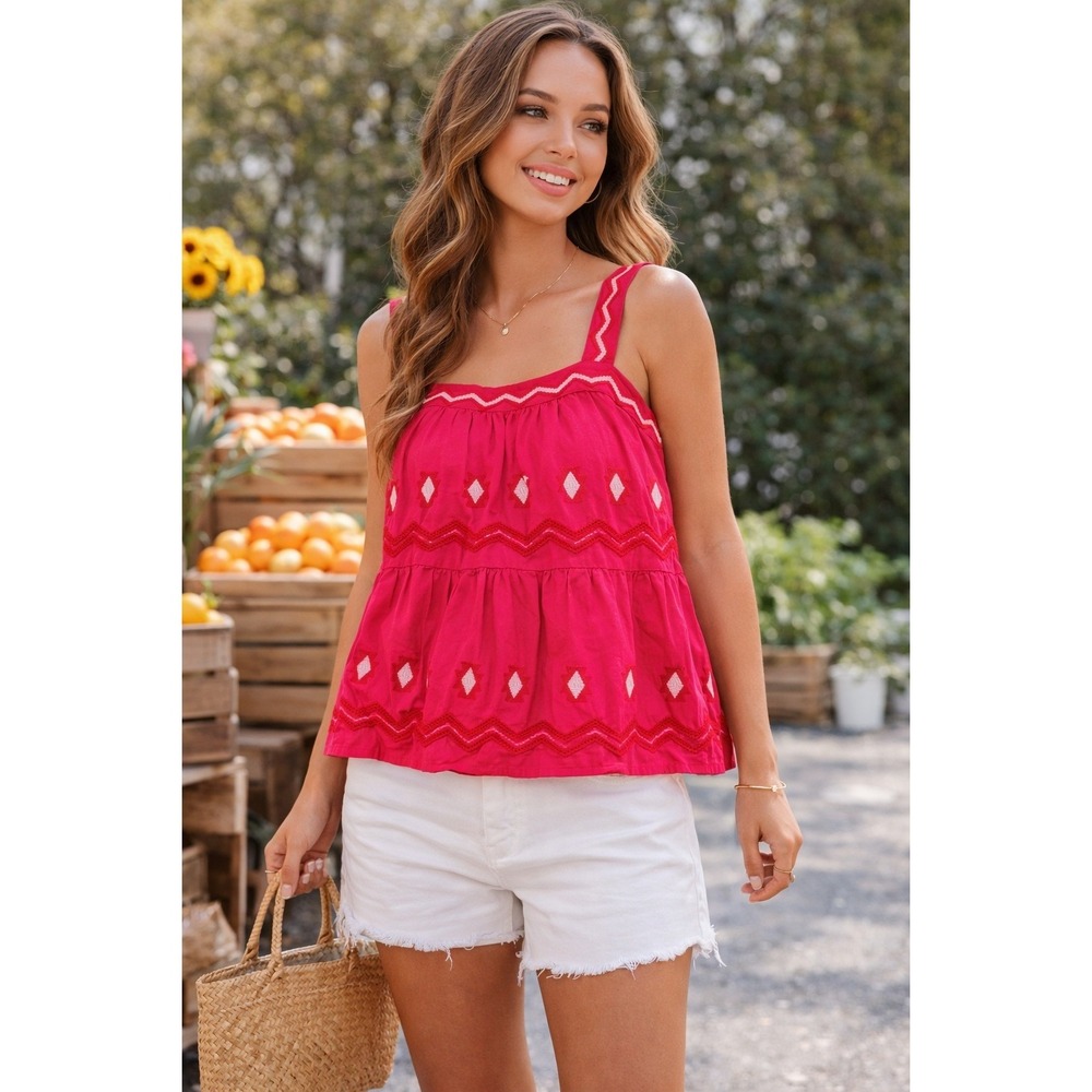 LOFT‎ Linen Pink Embroidered Babydoll Tank Top Cottagecore Boho Summer Sz M